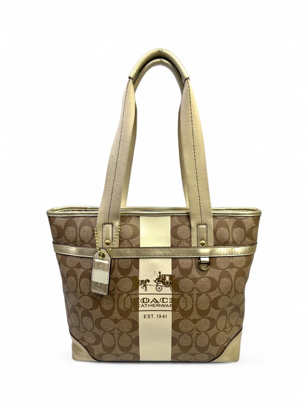 Coach Heritage Signature Stripe Tote Shoulder Bag Khaki Gold Canvas Leather